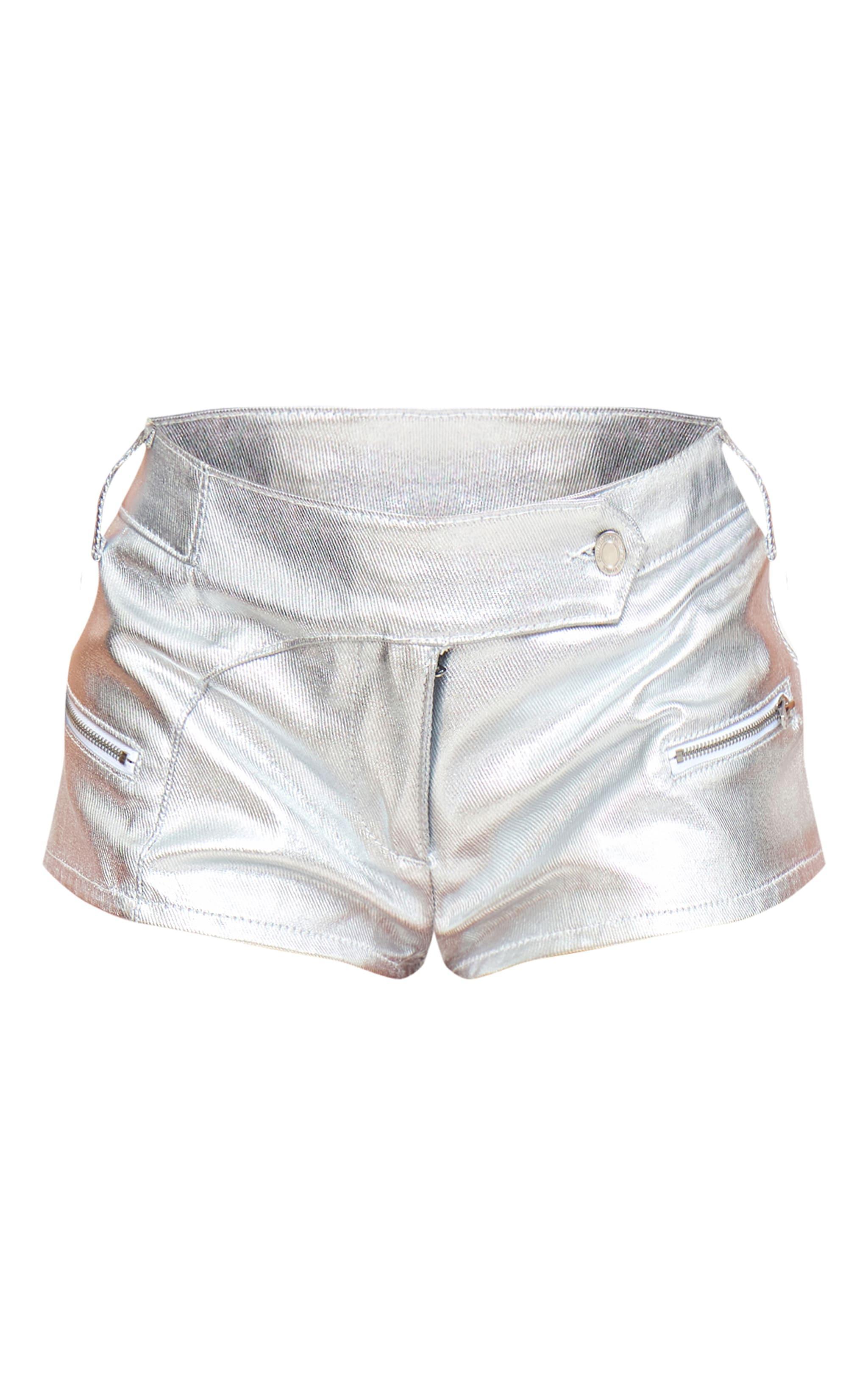 Silver Coated Denim Zip Detail Hot Pants Product Image