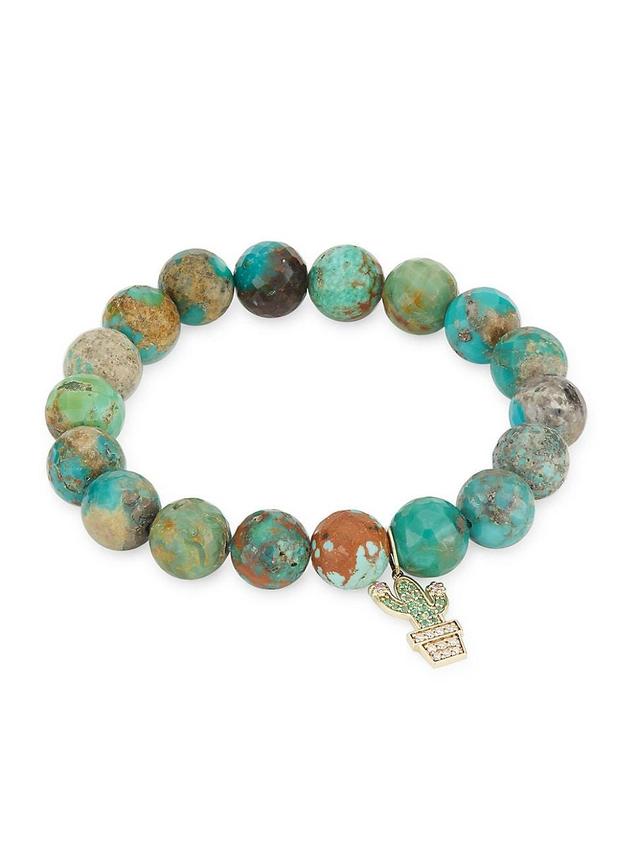 Womens 14K Yellow Gold, Matrix Turquoise, & Multi-Gemstone Cactus Charm Bracelet Product Image