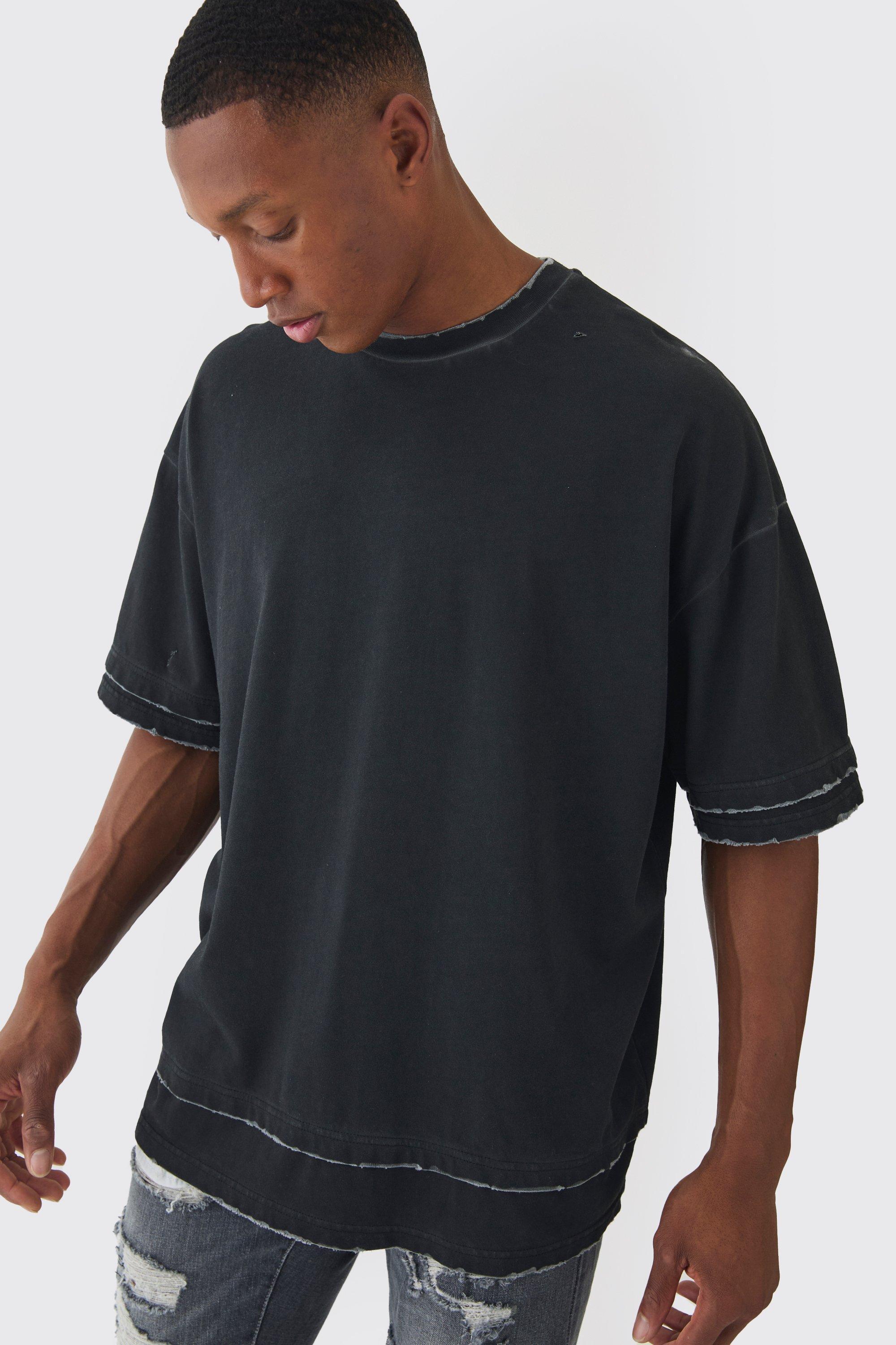 Premium Oversized Faux Layer Top Stitch Washed T-shirt | boohooMAN USA Product Image