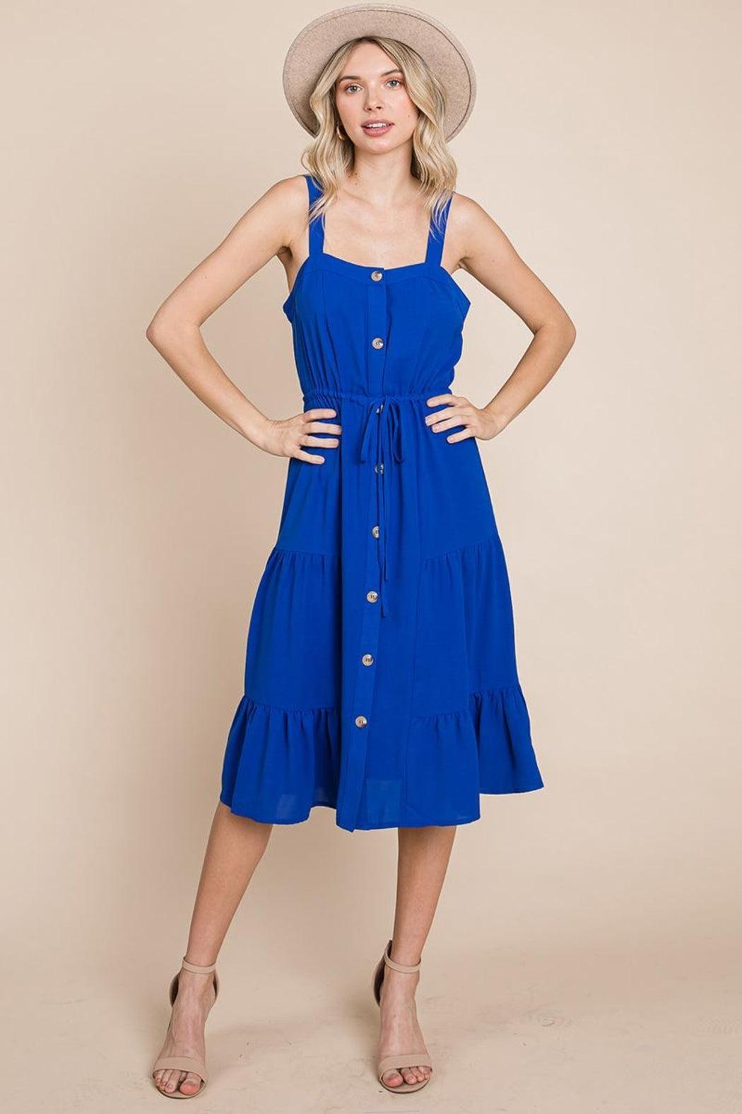 Tiered Square Neck Ruffled Button Midi Sundresses Product Image