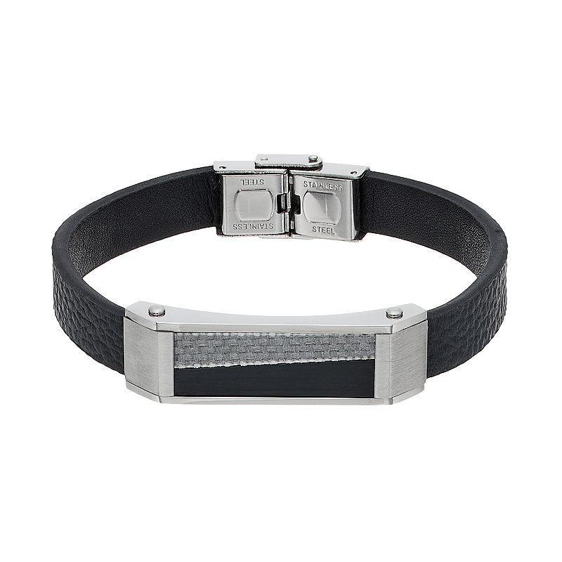 Mens Stainless Steel & Black Leather Carbon Fiber Bracelet Product Image