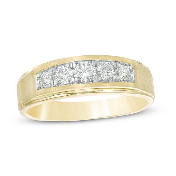 Men's 1/2 CT. T.w. Diamond Five Stone Beveled-Edge Satin Wedding Band in 10K Gold Product Image