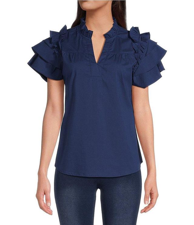 Calessa Split V Neck Short Sleeve Ruffle Top Product Image