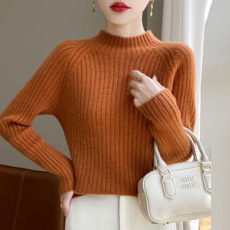 Long-Sleeve Mock Neck Ribbed Knit Top Product Image