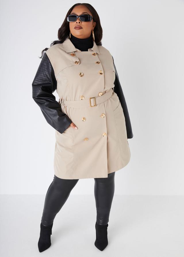 Plus Size Leather Paneled Trench Coat Ashley Stewart Product Image