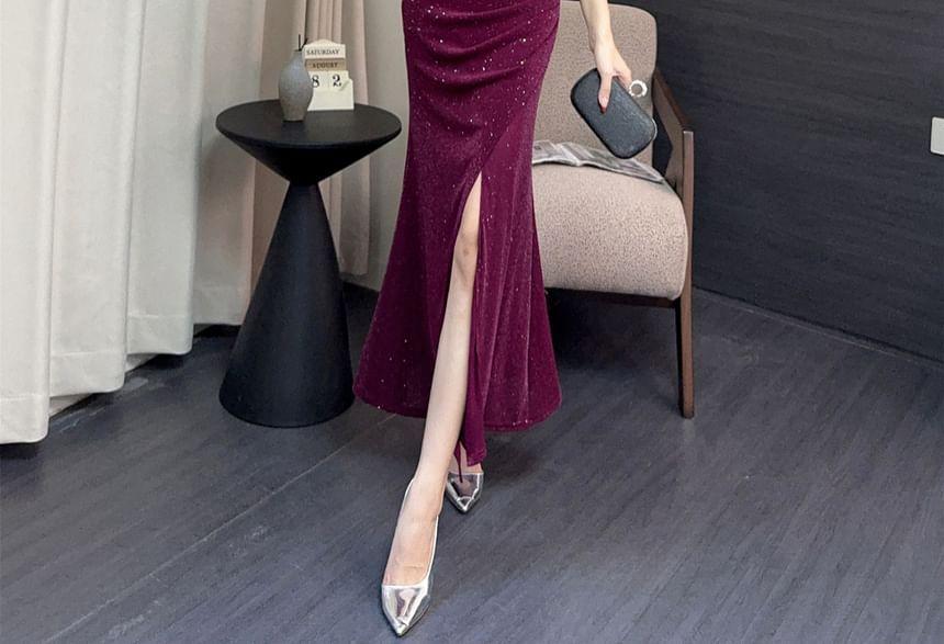 Spaghetti Strap V-Neck Slit Hem Asymmetrical Maxi Mermaid Dress Product Image