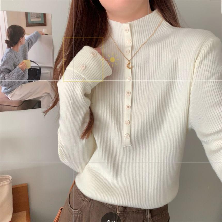 Long-Sleeve Mock Neck Half Buttoned Plain Knit Top Product Image