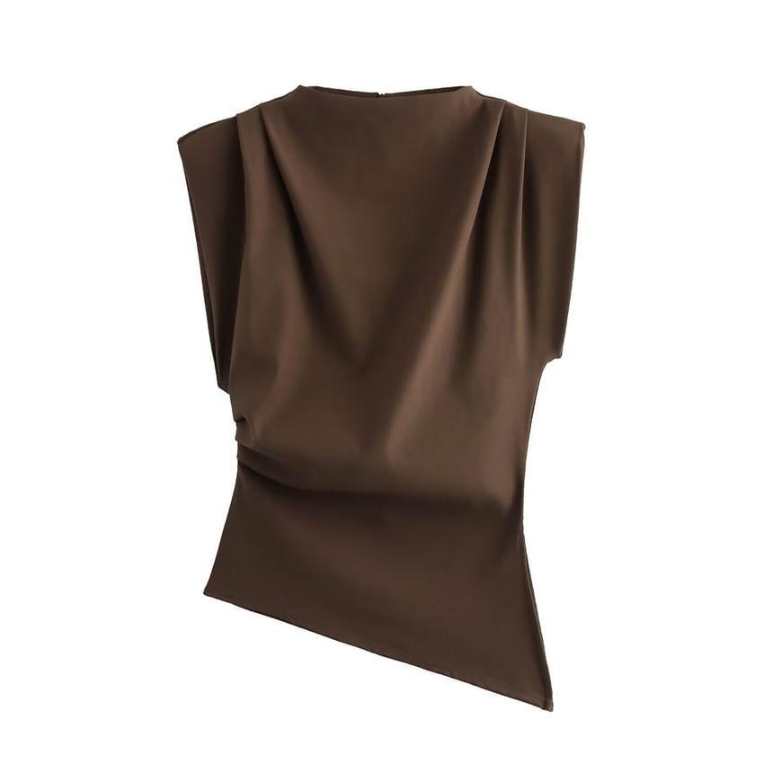 Sleeveless Mock Neck Plain Asymmetrical Ruched Top Product Image