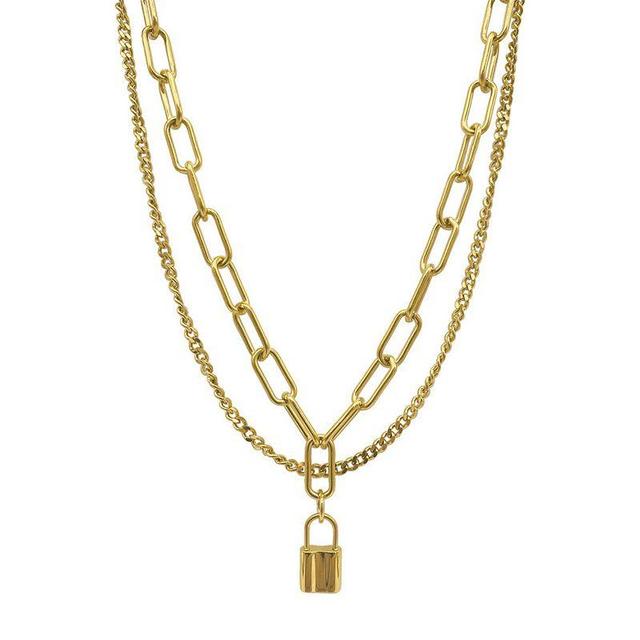 Adornia Stainless Steel Layered Curb and Paper Clip Chain Lock Necklace, Womens Gold Tone Product Image