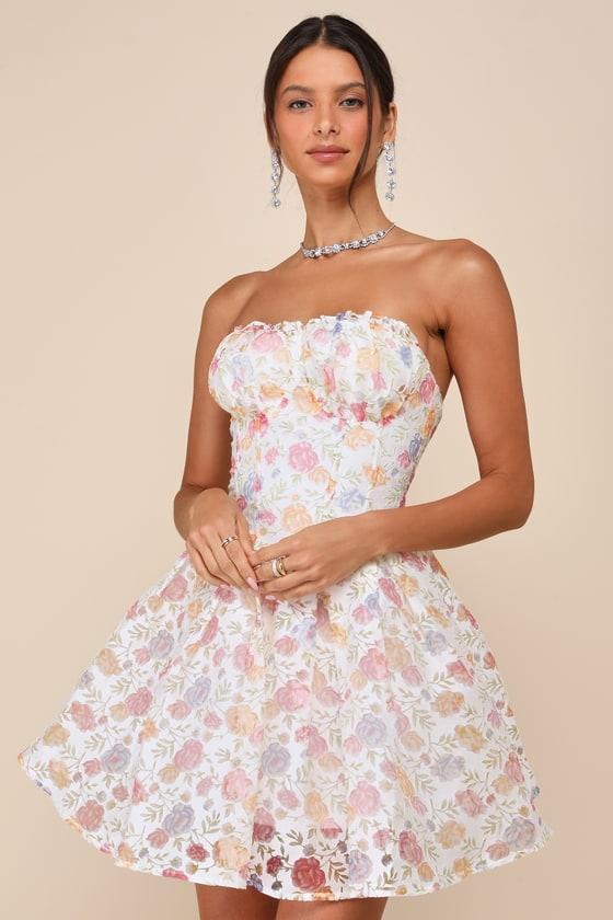 Deeply Adorable White Burnout Floral Strapless Mini Dress product image