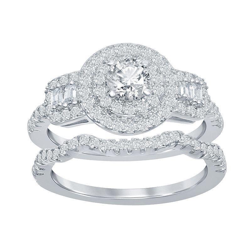 Sterling Silver Cubic Zirconia Halo Engagement Ring Set, Womens Product Image