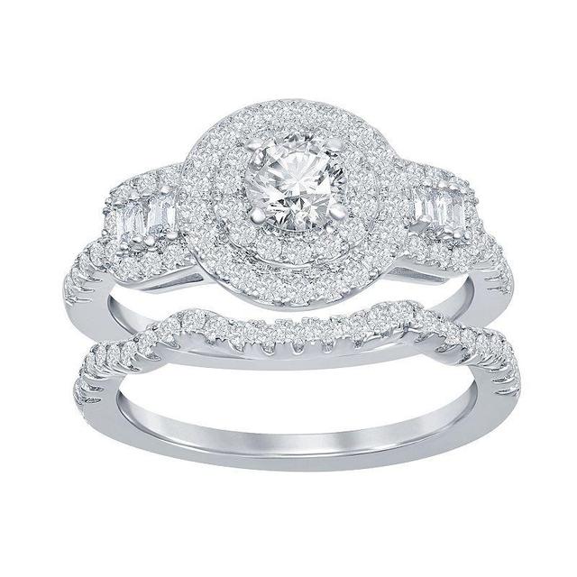 Sterling Silver Cubic Zirconia Halo Engagement Ring Set, Womens White Product Image