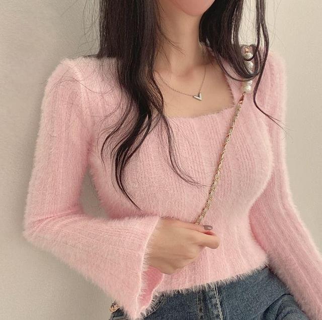 Long Sleeve Square Neck Faux Mink Wool Cropped Sweater Product Image