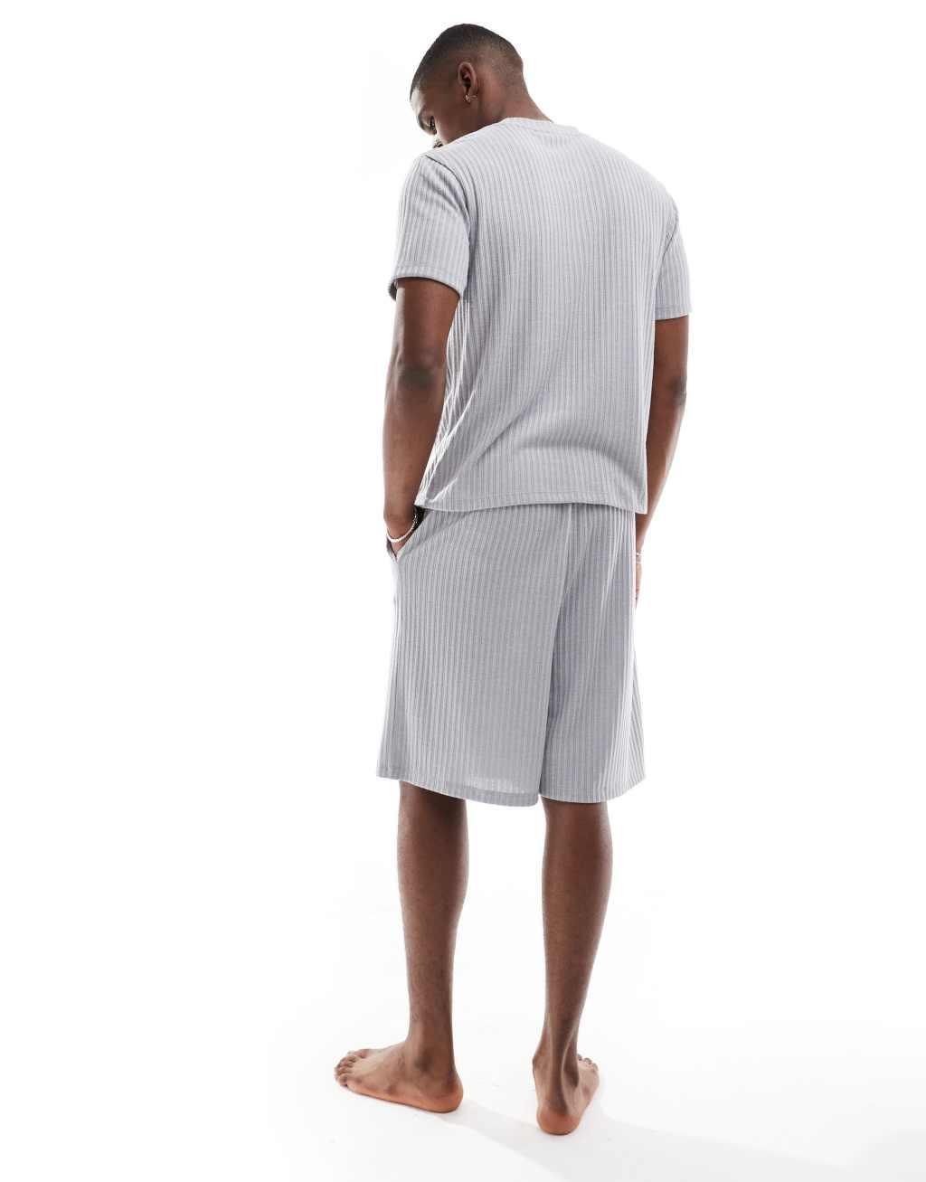 ASOS DESIGN loungewear brushed rib knit set with boxy t-shirt and shorts in gray Product Image