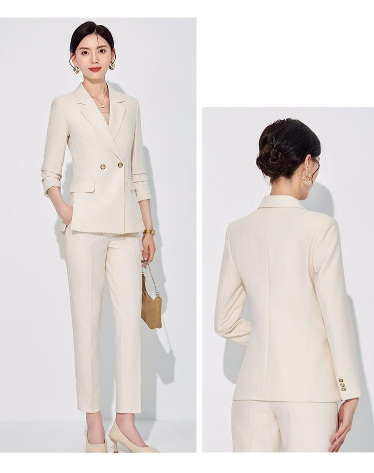 Lapel Collar Plain Double Breasted Blazer / Mid Rise Plain Slacks Product Image