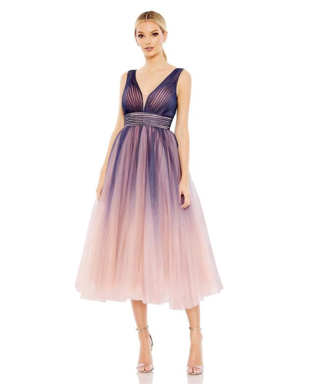 Mac Duggal V-Neck Sleeveless Ombre Tulle Skirt Midi Ball Gown Product Image