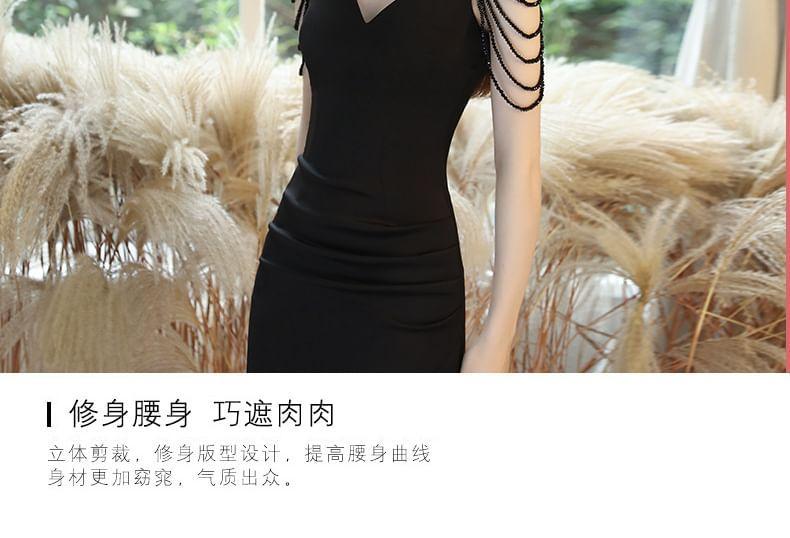 Sleeveless V-Neck Beaded Bodycon Mini Dress Product Image