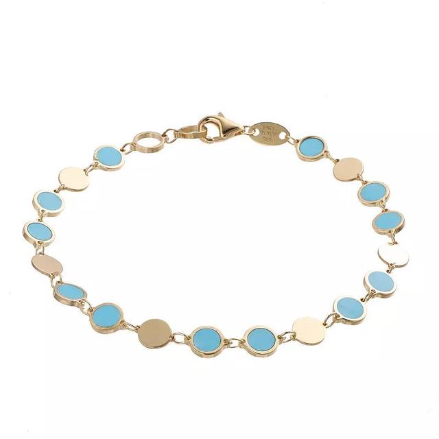 14k Gold Simulated Turquoise Alternating Discs Bracelet, Womens Product Image