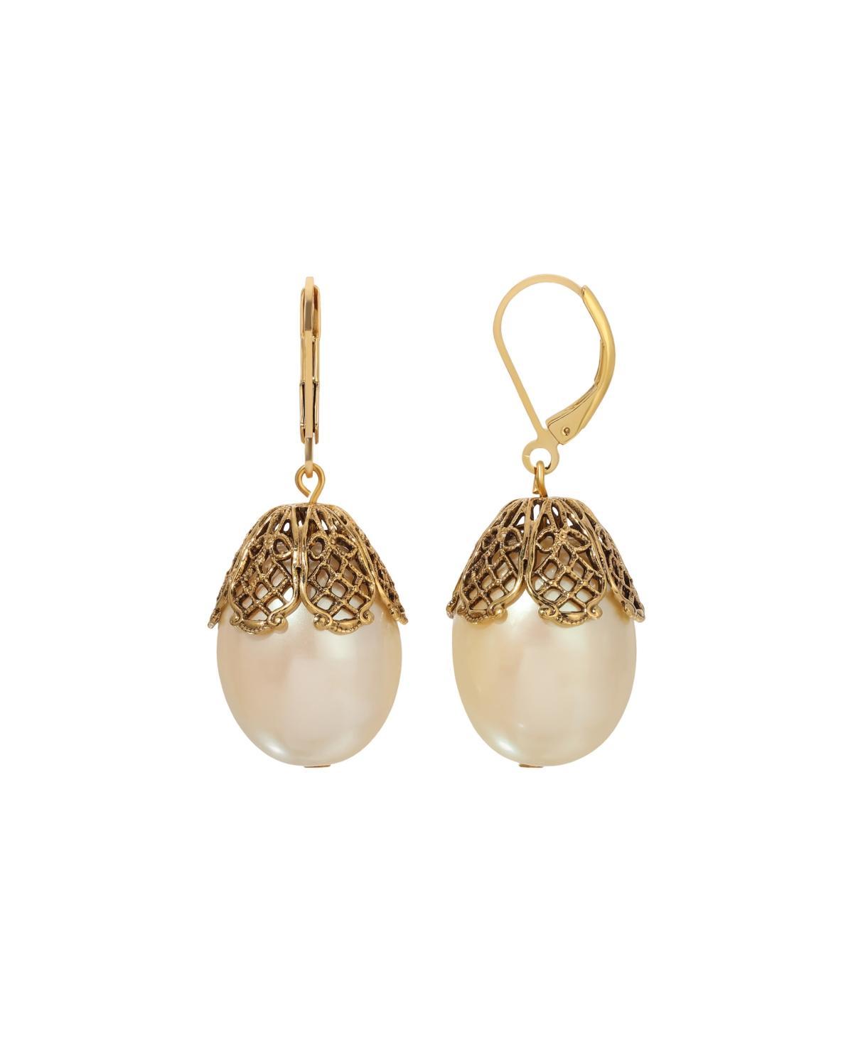 1928 Gold Tone Filigree Capped Oval Bead Drop Earrings, Womens, White Product Image