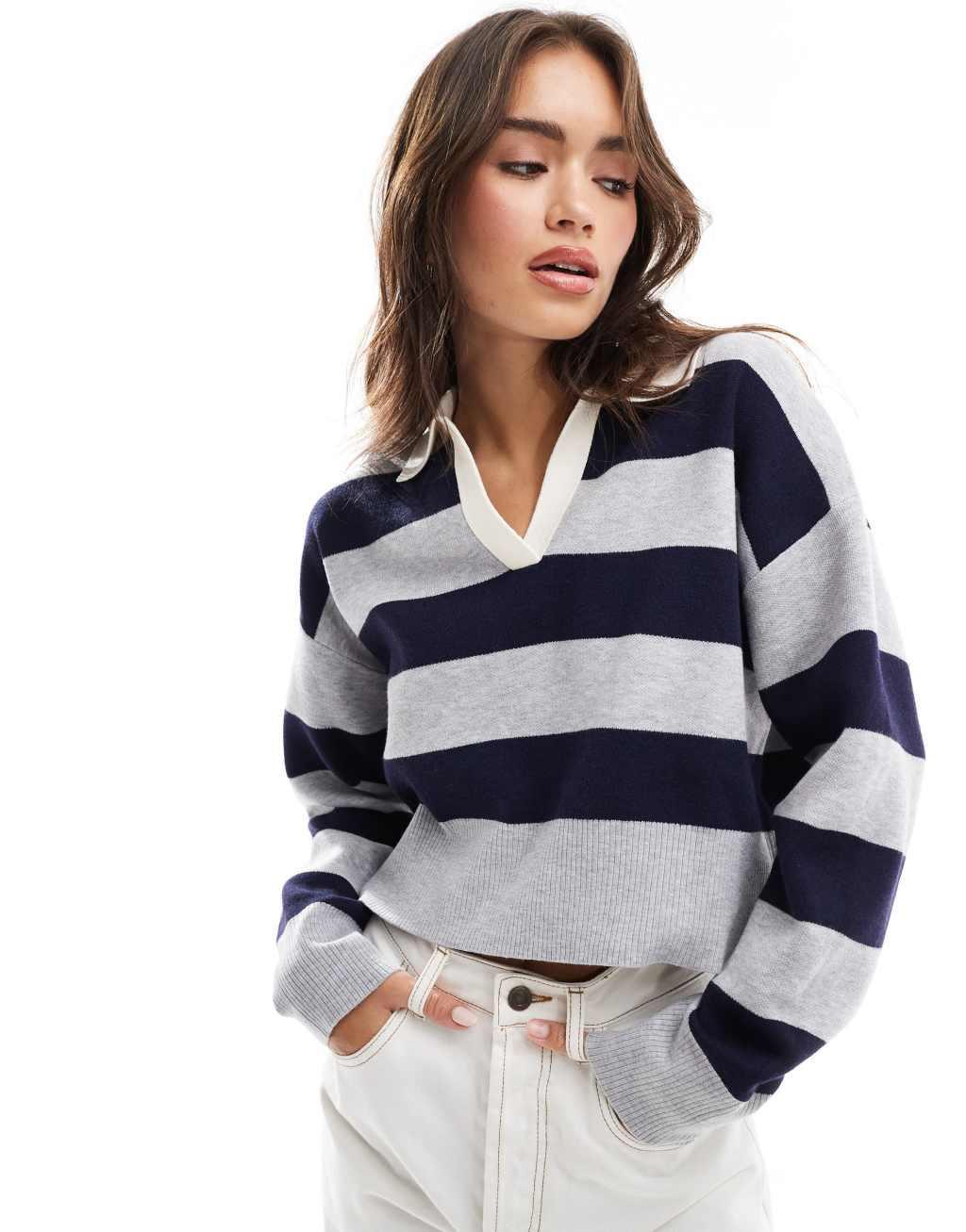 Bershka striped polo neck sweater in gray Product Image