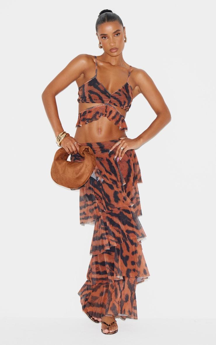 Brown Animal Printed Mesh Frill Wrap Detail Crop Top Product Image