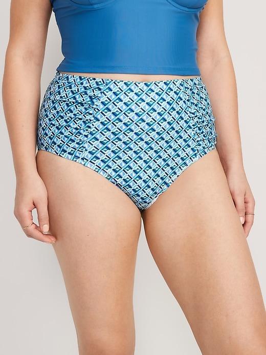 High-Waisted Printed Ruched Bikini Swim Bottoms Product Image