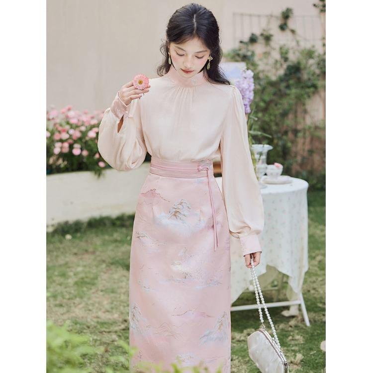 Set: Long-Sleeve Stand Collar Jacquard Blouse + High Waist Print Midi A-Line Skirt Product Image