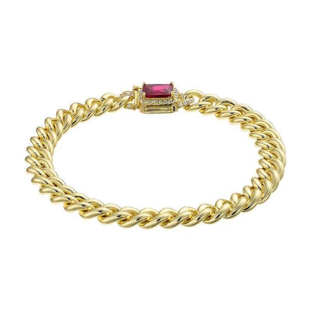 14k Gold Over Silver Red & White Cubic Zirconia Halo Curb Chain Bracelet, Womens Gold Tone Product Image