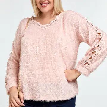 Pink Fuzzy V Neck Long Sleeve Knit Sweater Female Product Image