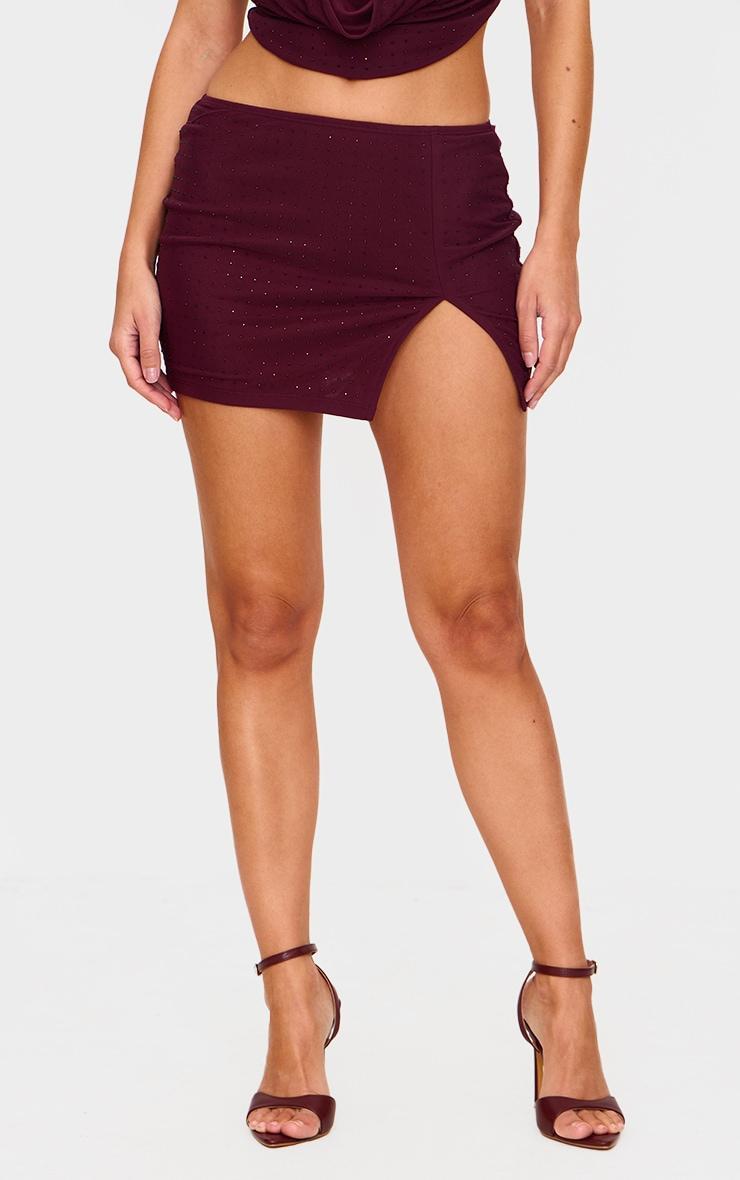 Burgundy Hot Fix Diamante Split Detail Micro Mini Skirt Product Image