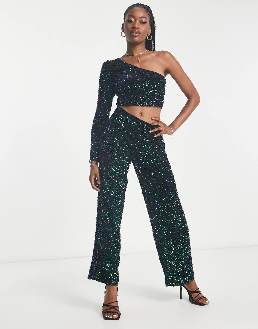 JDY straight leg pants in green & black sequins - part of a set Product Image