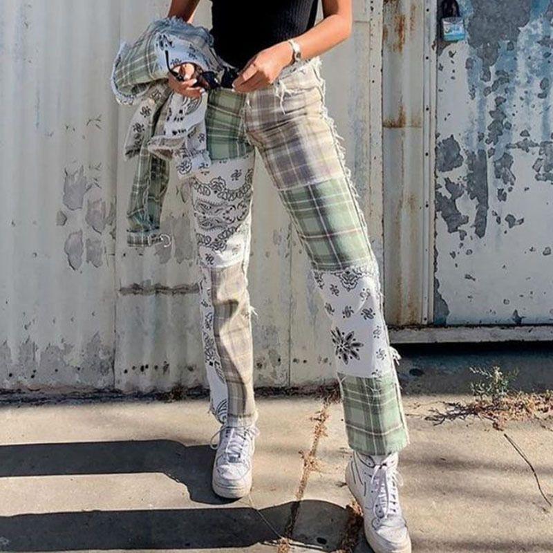 Plaid Panel Straight Leg Pants Product Image