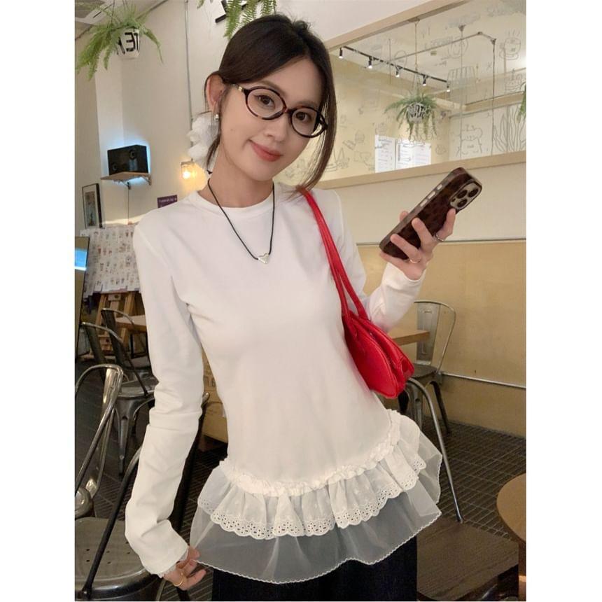 Long Sleeve Crew Neck Plain Ruffle Hem T-Shirt Product Image