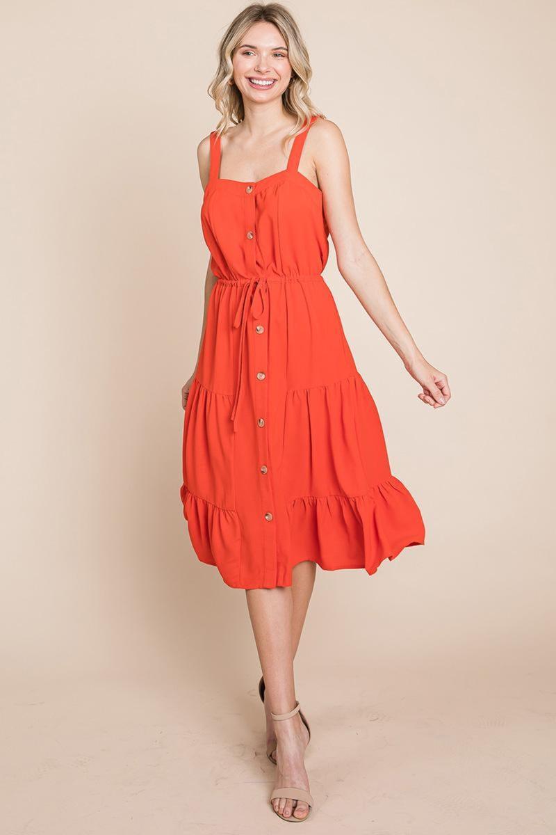 Tiered Square Neck Ruffled Button Midi Sundresses Product Image