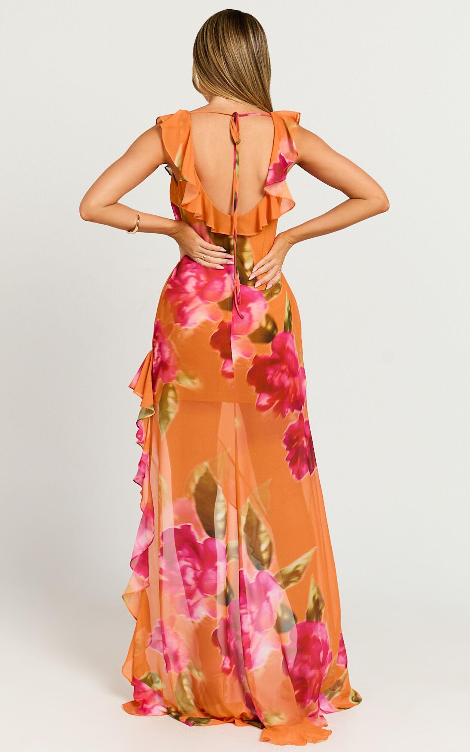 Theadore Maxi Dress - One Shoulder Asymmetric Hem Dress in Tropical Sunset Product Image