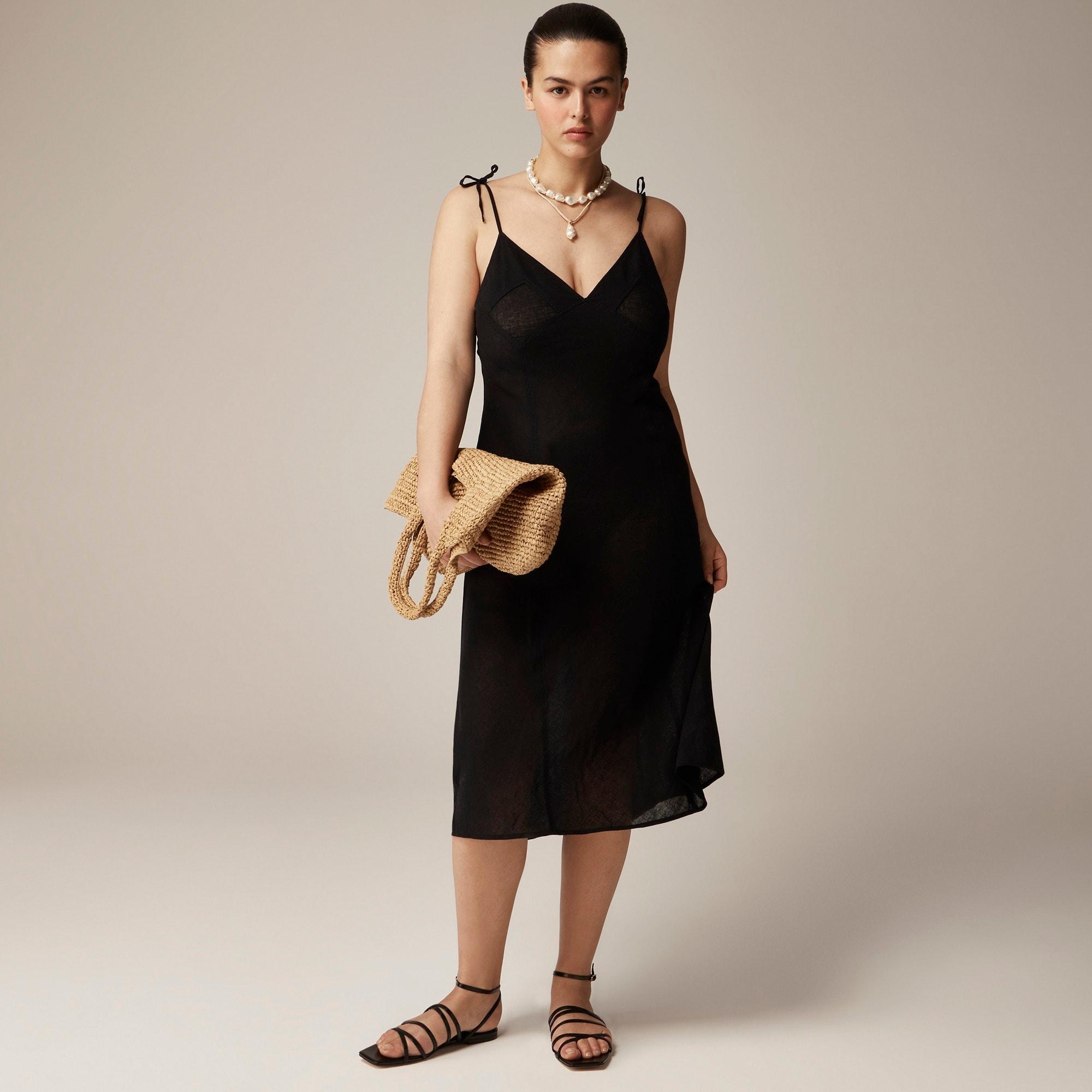 Tie-shoulder slip dress in featherweight linen blend Product Image