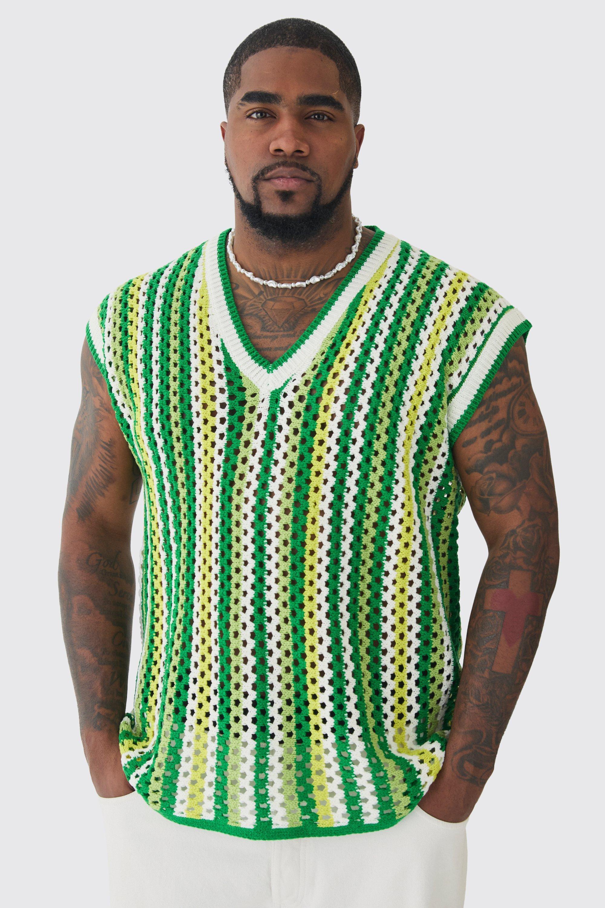 Mens Green Plus Oversized Open Stitch Crochet Knitted vest, Green Product Image