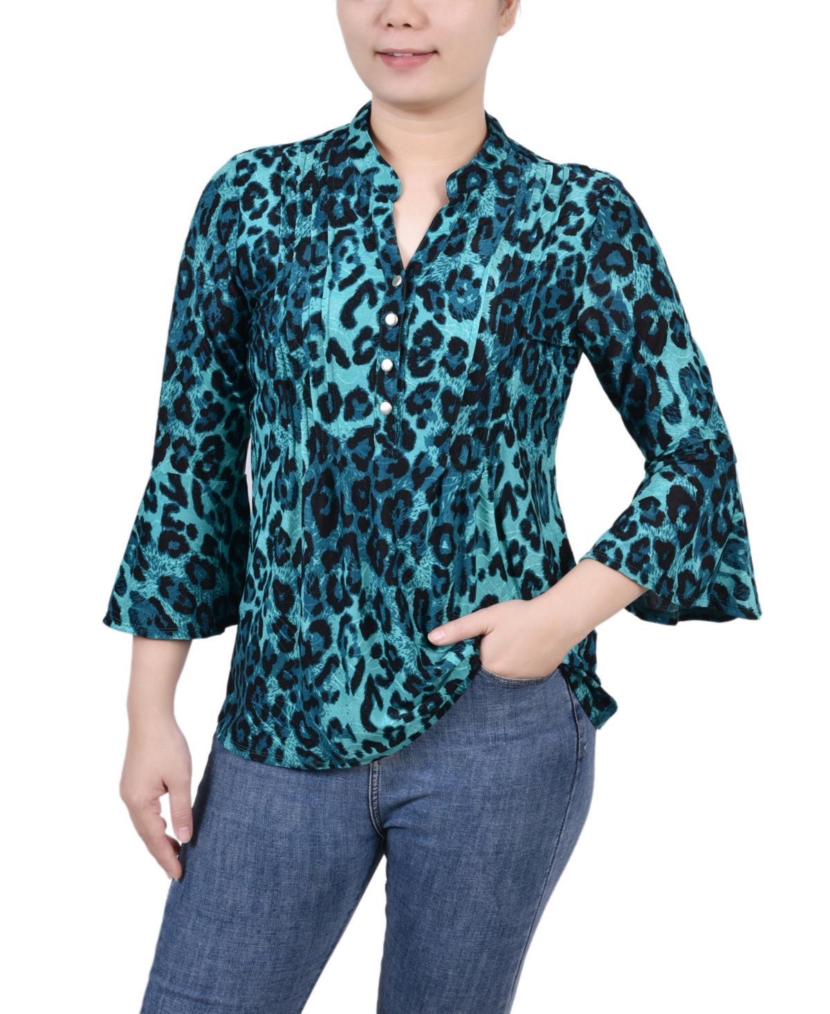 Ny Collection Petite 3/4 Bell Sleeve Printed Pleat Front Y-neck Top Product Image