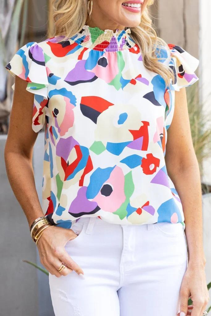 Olivia Mark – Abstract Print Ruffle Sleeve Smocked Blouse product image