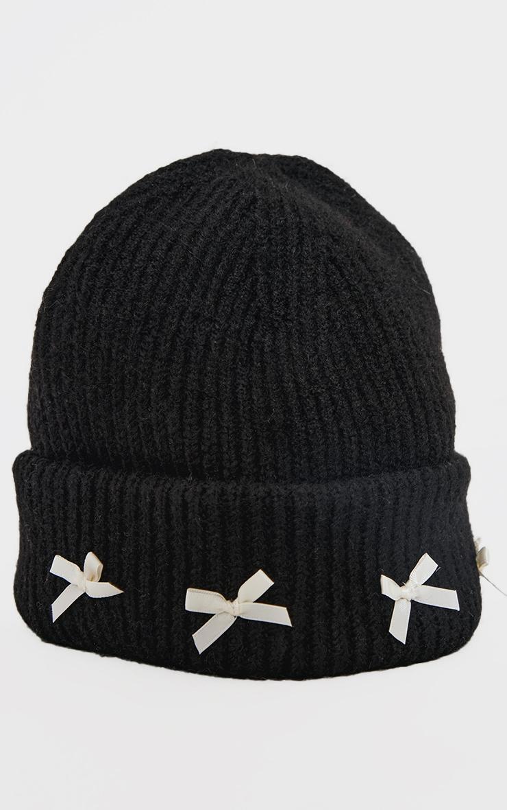 Black Bow Detail Ribbed Beanie Product Image