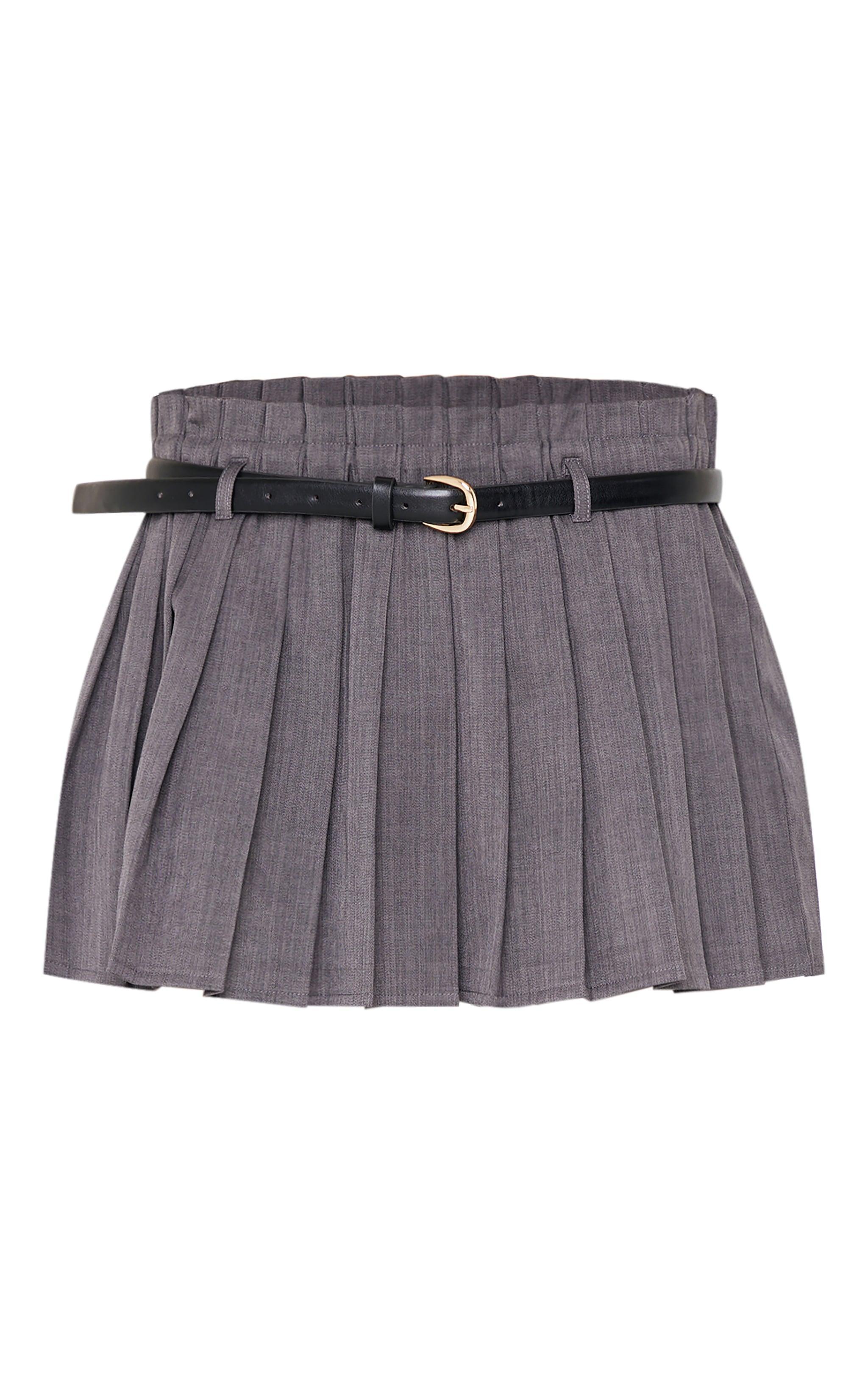 Charcoal Tailored Woven Pleated Paper Bag Waistband Mini Skirt Product Image