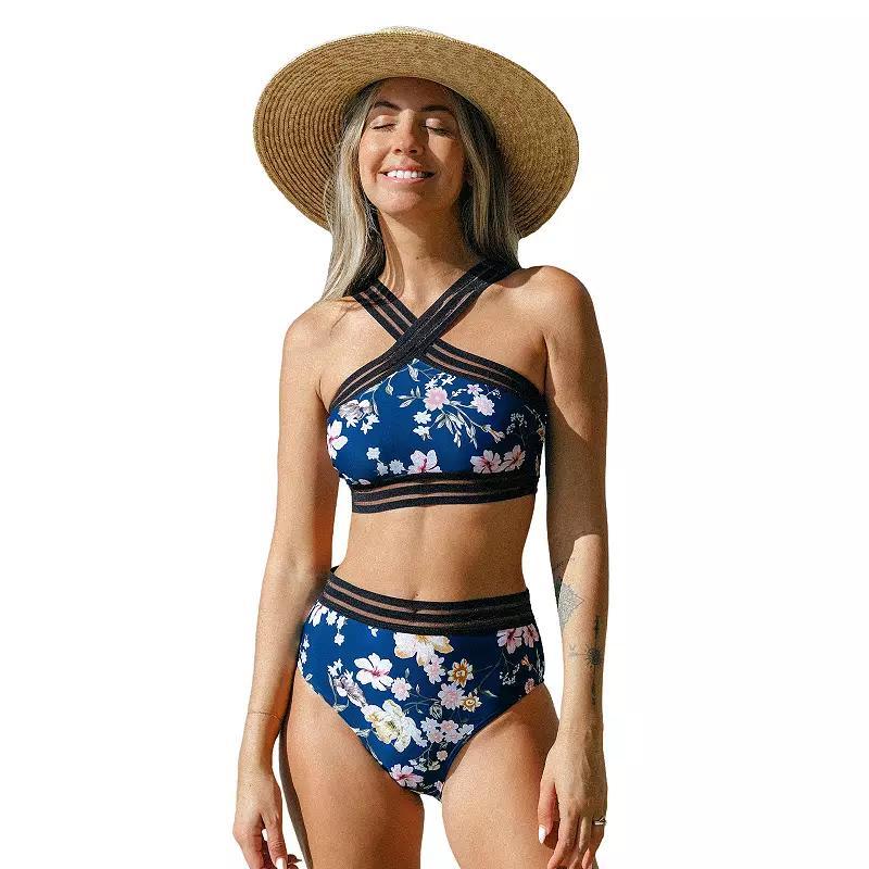 Womens CUPSHE Floral Wide Straps Mesh Bralette & High Waist Bikini Set Product Image