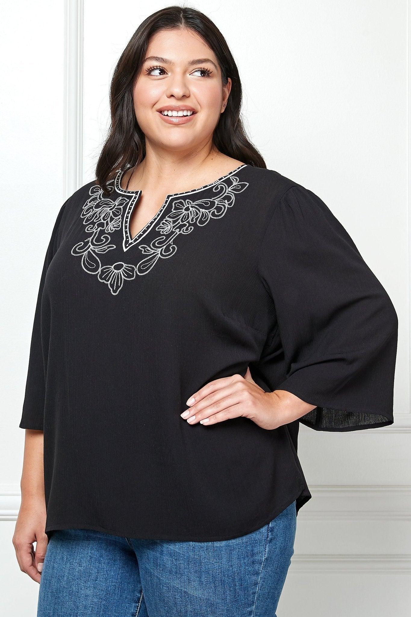 Roz & Ali 3/4 Sleeve Embroidered Top - Plus Female Product Image