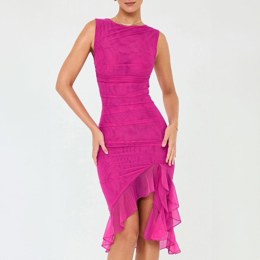 Sleeveless Boat Neck Ruffle Hem Bodycon Midi Dress Product Image