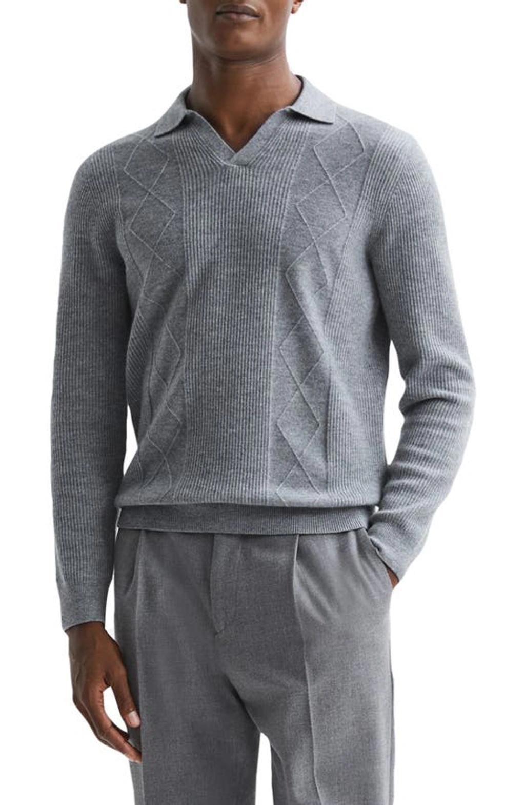 REISS Mens Soft Grey Melan Malik Open-collar Regular-fit Wool Jumper Product Image