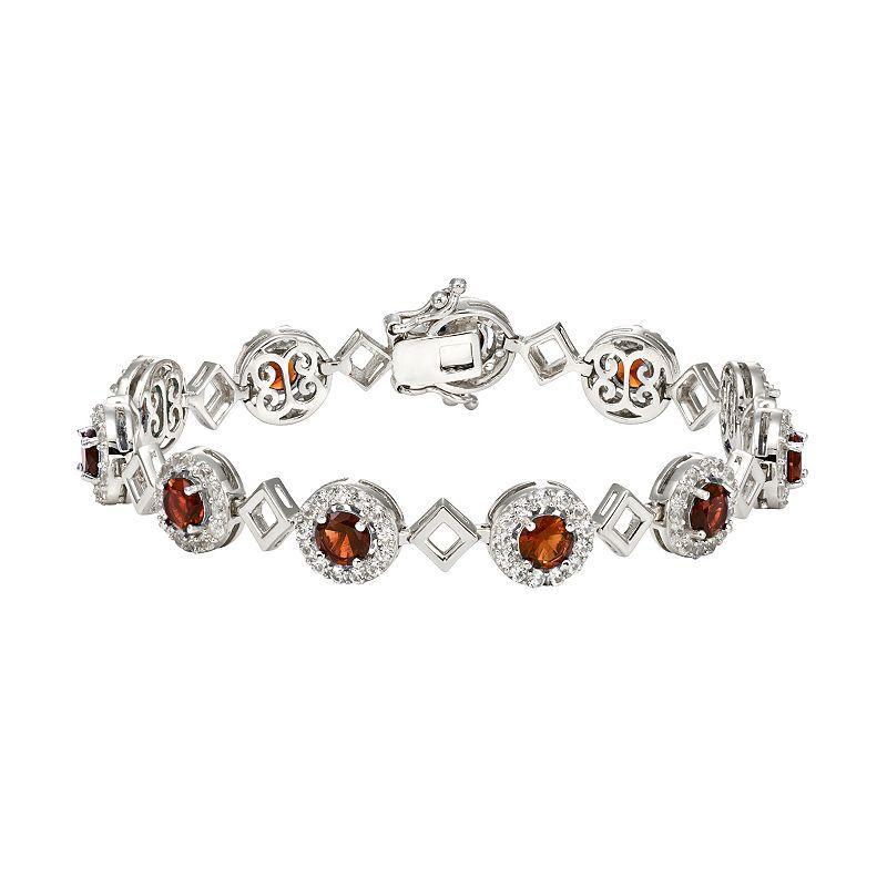 Sterling Silver Garnet & Lab-Created White Sapphire Halo Link Bracelet, Womens Product Image