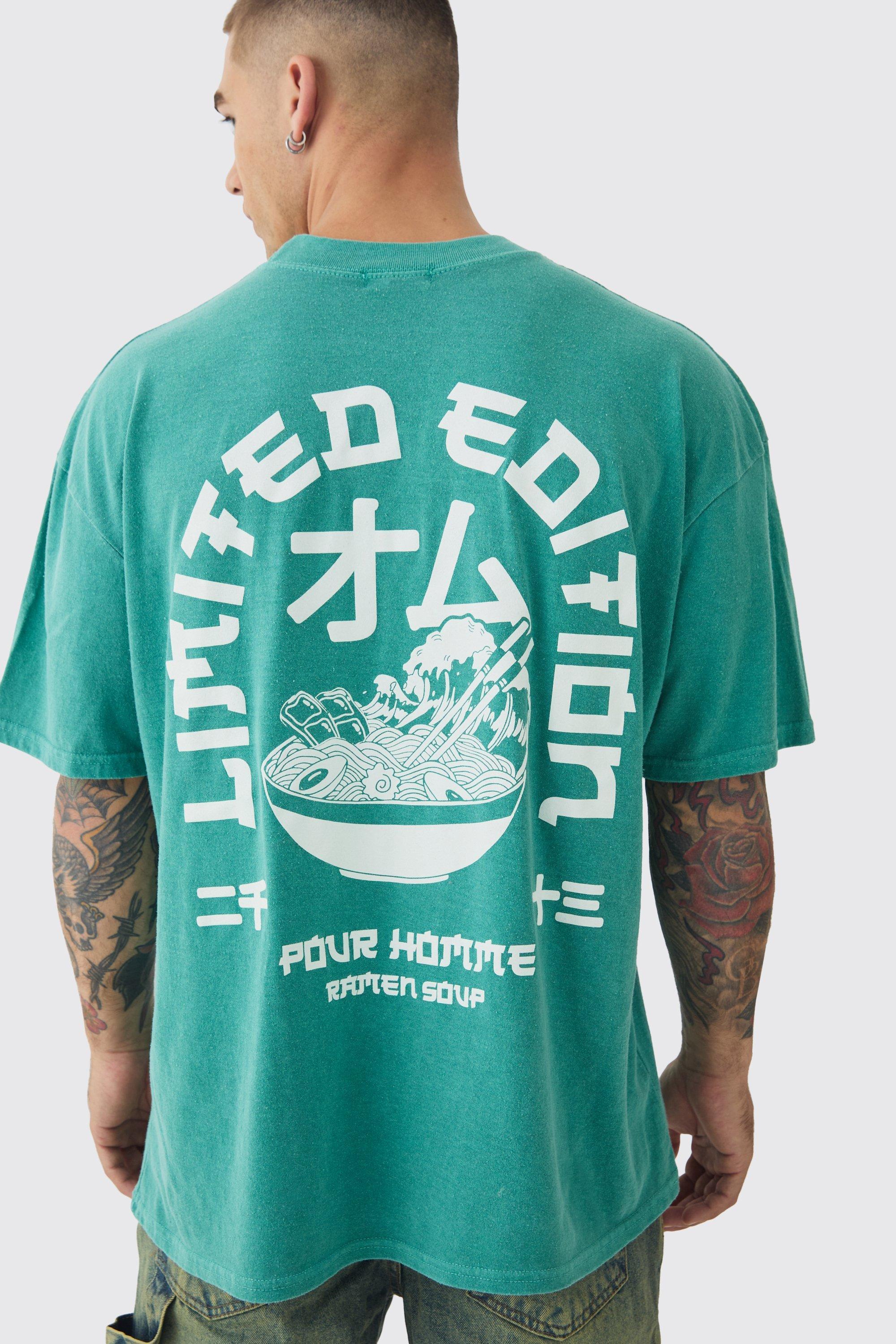 Oversized Extended Neck Ramen Print Wash T-shirt | boohooMAN USA product image