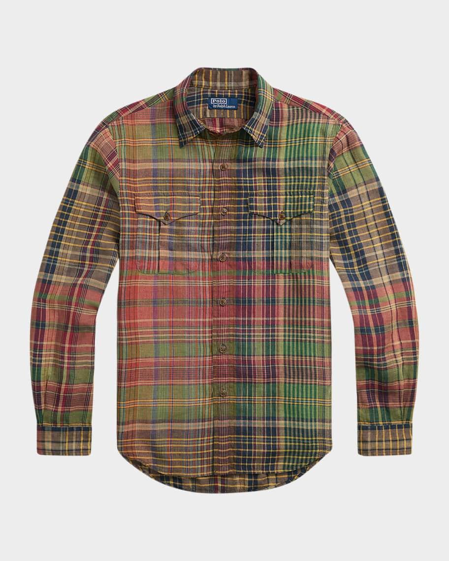 Men's Classic-Fit Plaid Linen Casual Button-Down Shirt Product Image