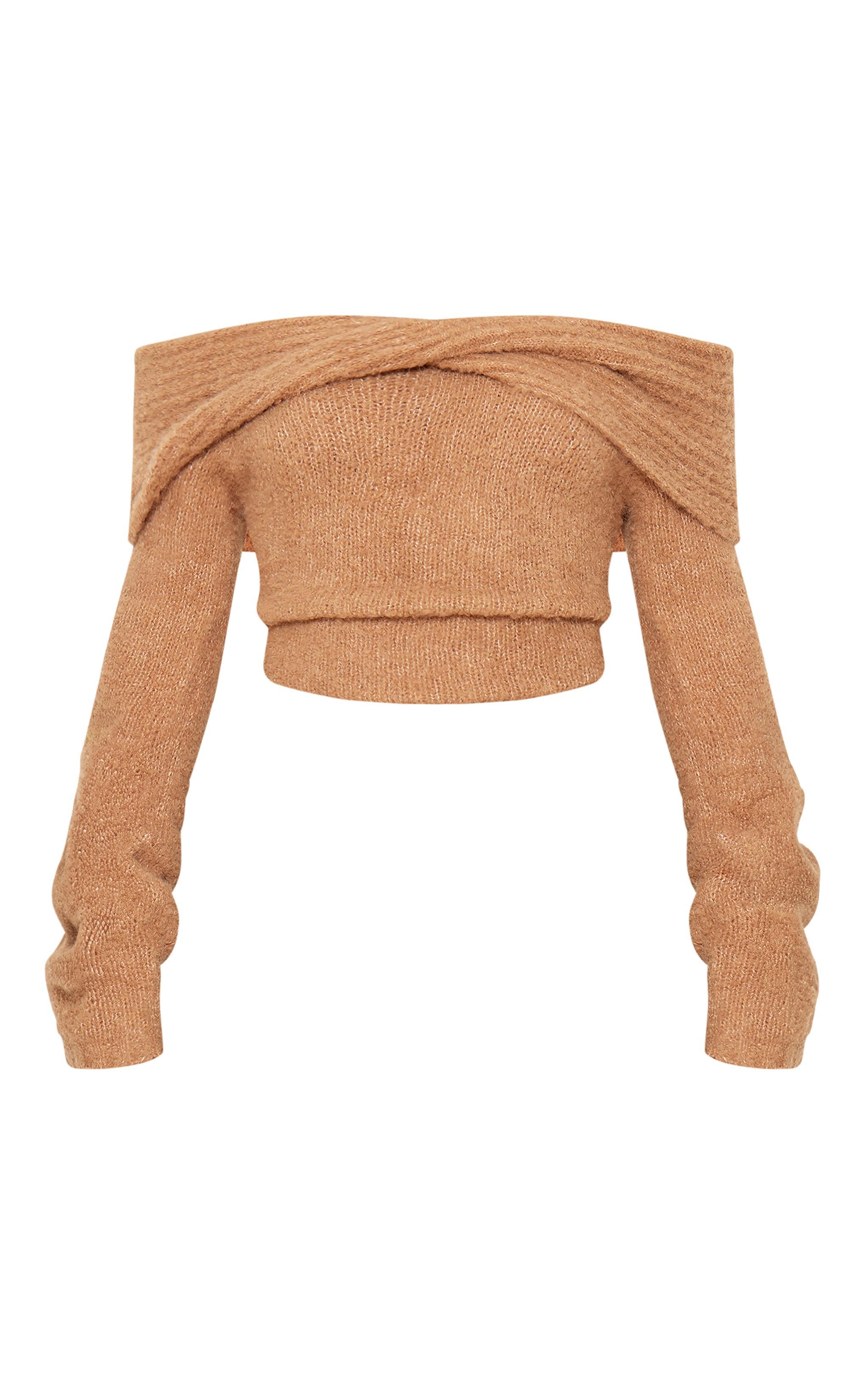 Mocha Soft Bobble Knit Bardot Foldover Top Product Image