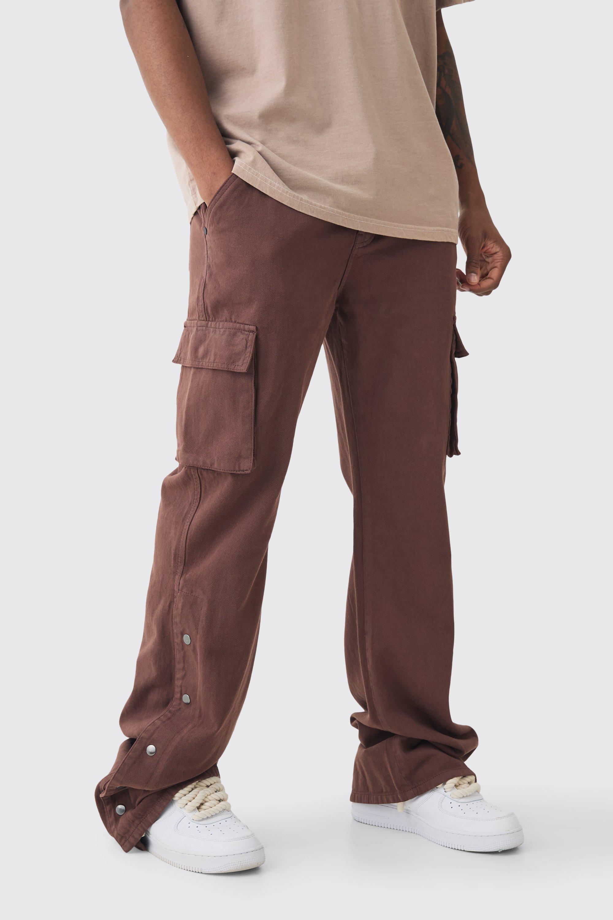 Tall Relaxed Flare Overdye Popper Hem Cargo Pants In Chocolate | boohooMAN USA Product Image